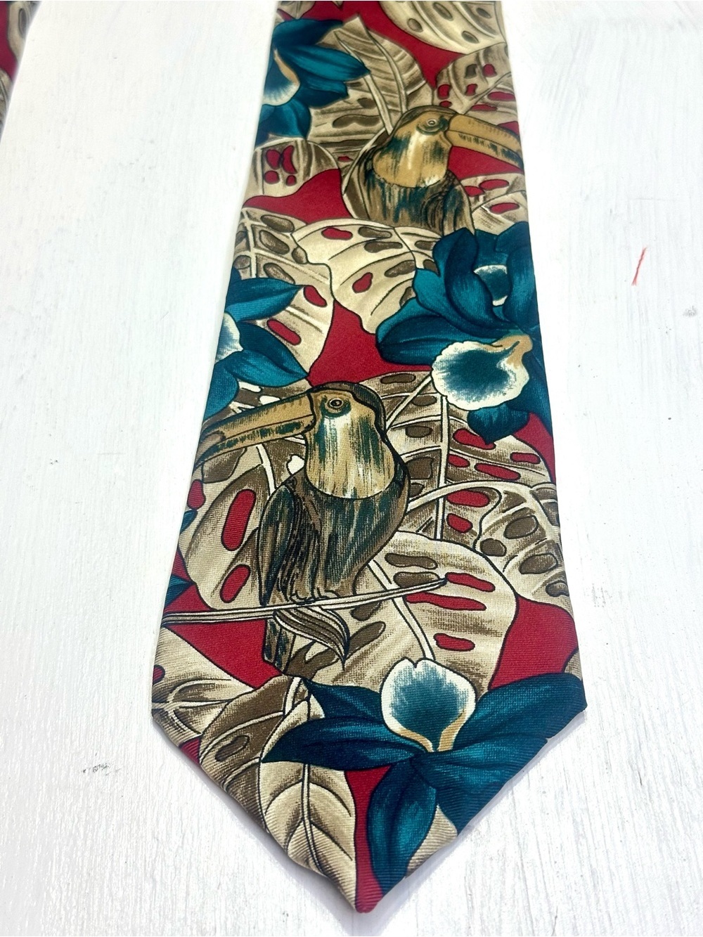 Vintage Oscar de la Renta Toucan Tropical Floral Silk Tie 90s Novelty - Picture 5 of 9